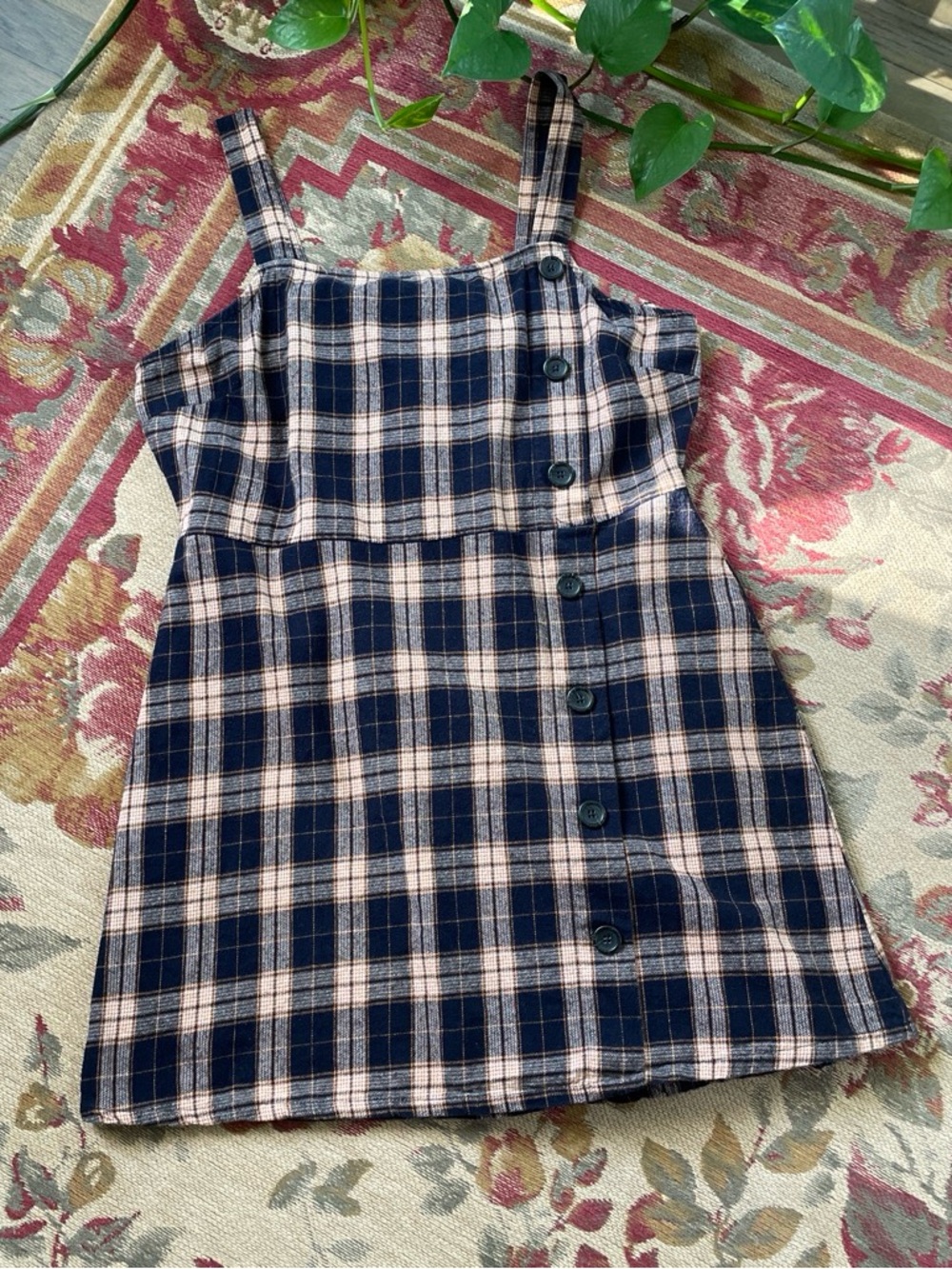 Wild Fable Navy and Cream Plaid Mini Jumper With Button Detail